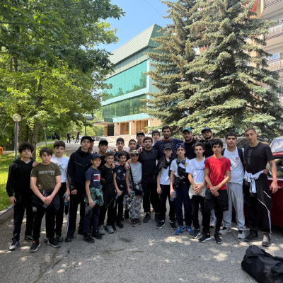 Armenian youth MMA athlete Mark Ghambaryan together with Greco-Roman wrestling champion Malkhas Amoyan and Slavik Galstyan at the Tsaghkadzor training camp